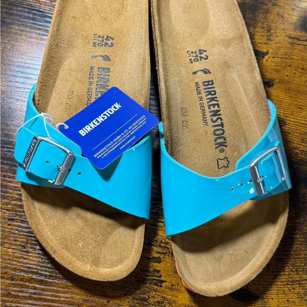 Birkenstock Patent Single-Strap Slides in Turquoise with Orange sole - Picture 6 of 7